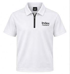 Index Apparel Men's <b>White</b> <b>Quarter</b> <b>Zip</b> Polo Shirt Short Sleeve Embroidered Logo Casual Breathable Knitted Polyester - Product Image 1