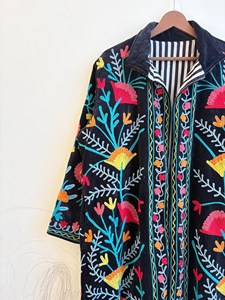 Velvet Suzani Embroidery Floral Pattern Long Robe Indian Women Free <b>Size</b> 100% Cotton Drawstring Closure - Product Image 5