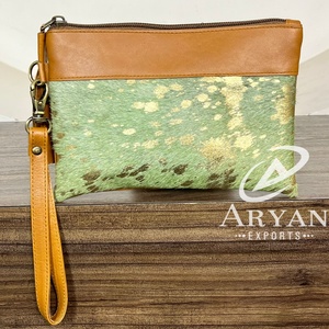 2026 Wholesale Price Fashionable Green Metallic Hair On Hide Leather Wristlet Clutch for Women Design Clutch Perfect for Travel - Product Image 1