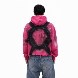 เสื้อฮู้ดดี้พิมพ์ลายกราฟิกสีชมพูสำหรับผู้ชายรุ่นใหม่ปี 2026 สไตล์วินเทจขาดๆ แบบสตรีทแวร์ทรงโอเวอร์ไซส์ - Product Image 3