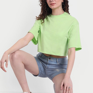 Women's Heavyweight 100% Cotton <b>Box</b> Cut Tee Shirt Oversize <b>Drop</b> Shoulder Boxy Fit Crop Top for Summer 250-300 Gsm - Product Image 5