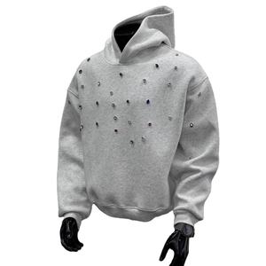 Sweat à capuche pour homme de haute qualité, 100% coton, effet délavé, coupe courte, unisexe, streetwear, strass vieillis, coupe oversize - Product Image 5