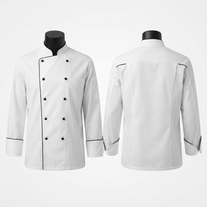 เสื้อเชฟพรีเมียม 240 GSM ผ้าฝ้ายโพลีเอสเตอร์ทอ ทรงยูนิเซ็กซ์ สีขาว แต่งขอบสีดำ แขนสั้น รับสกรีนโลโก้ ชุดยูนิฟอร์มร้านอาหาร - Product Image 1