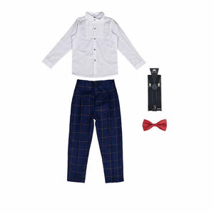 Uniforme Escolar Primario Unisex para Niños de BARU ENTERPRISES, Camisa Blanca, Falda a Cuadros Azul, Pantalones, Corbata de Moño Roja, Algodón Oxford - Product Image 5