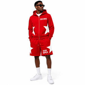 Custom Logo Men's Red Hooded Tracksuit Set White <b>Star</b> Panel Design Zip-Up Hoodie <b>Jacket</b> Shorts Combo Premium Cotton Fleece OEM - Product Image 3