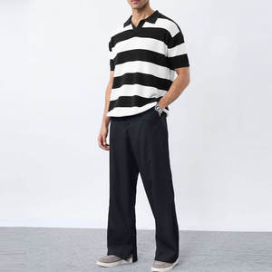 Men's <b>Striped</b> Knitted Polo <b>Shirt</b> Short Sleeve Casual <b>Black</b> <b>White</b> Regular Fit - Product Image 1
