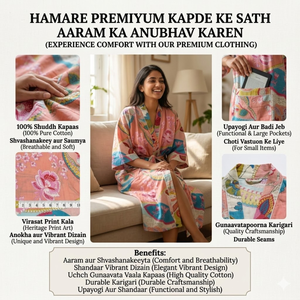 Bata Kimono Artesanal de Algodón con Estampado Floral |   Bata Larga Estampada a Mano para Mujer |   Ropa de estar por casa tipo spa de manga larga con cuello en V - Product Image 4