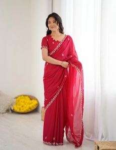 Sari KV Tradicional de Rayón Bordado, Sin Arrugas, Reversible, Lucknow Chikankari Georgette - Product Image 2
