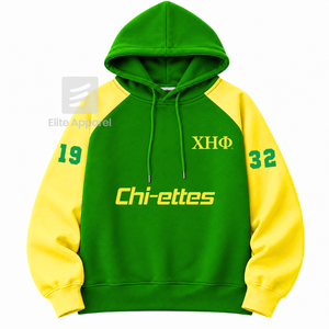 Custom Chi Eta Phi sorority <b>Hoodie</b> embroidered logo on front green and <b>yellow</b> color full sleeve cotton for female - Product Image 1