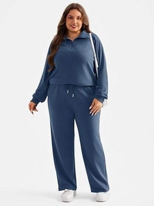 Ensemble de sport décontracté deux pièces pour femme en polyester, col rabattu, poches zippées, taille élastique ample, manches longues et jambes larges - Product Image 4