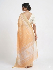 Sari en coton orange pour femme, imprimé blanc, longueur ras du sol, style traditionnel indien et pakistanais, élégant et recyclé, pour tenue décontractée - Product Image 3