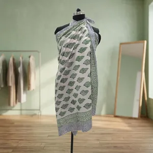 Hand Block Printed Cotton Sarong <b>Wrap</b> Dress Green Floral <b>Beach</b> Cover Up Summer Pareo Scarf Women Wear Stylish - Product Image 6