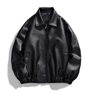 เสื้อแจ็คเก็ตหนัง PU สีดำสำหรับผู้ชาย แขนยาว กันลม สไตล์ฤดูใบไม้ร่วง - Product Image 2