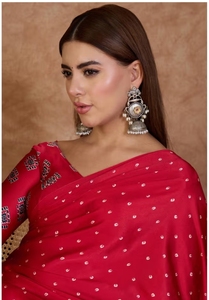 KV Barn <b>Red</b> Ajrakh Printed Satin Crepe Silk Saree With Unstitched <b>Blouse</b> - Product Image 2