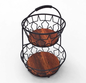 Support à fruits en métal à 2 niveaux avec motif étoile, base en bois, revêtement noir, organisateur de cuisine moderne multifonctionnel - Product Image 4