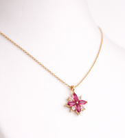 Collar con Colgante de Flor de Rubí y Diamantes Marquise de Diseñador, Oro Sólido de 10K, 14K, 18K, Colgante Delicado, Joyería Fina Floral para Novia y Boda