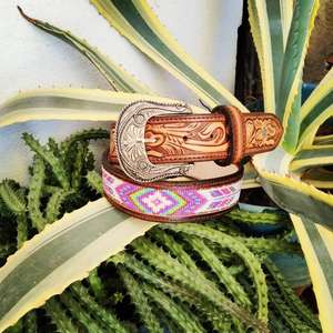 Hand Tooled Genuine Leather Western <b>Belt</b> <b>Boho</b> Southwestern Beaded Design Engraved Buckle Unisex Custom Size Wholesale OEM - Product Image 5