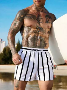 Shorts de Playa para Hombre, de Secado Rápido, con Rayas, Cintura con Cordón Ajustable, Corte Medio, Traje de Baño de Poliéster Tejido, Shorts de Verano - Product Image 4