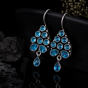 Mejor Precio Pendientes Colgantes de Topacio Azul para Mujer, con Engaste de Bisel Plateado Antiguo, Diseño Floral Bohemio para Boda, Bajo MOQ - Product Image 4