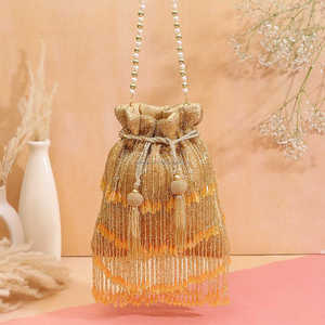 Golden suede potli bag Geometric pattern evening bag Pearl accents shoulder bag Handmade party event bag - Product Image 1