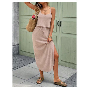 Women Rib Knit Sleeveless Short Skinny Streetwear Crop Matching Vintage Midi Skirt Set Print Eco-Friendly High Quality Two Piece - Product Image 3