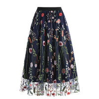 Jupe midi en tulle à fleurs rouge et noir pour femme, taille haute élastique, plissée en maille, double couche respirante, style empire, tendance