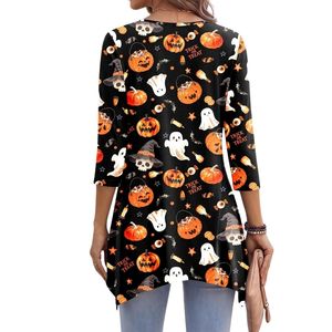 Blusa de Rayón de Talla Grande con Estampado Novedoso de Fantasma de Calabaza Naranja para Halloween, Cuello Redondo, Dobladillo Irregular, Camisas Boho Festivas para Mujer - Product Image 2