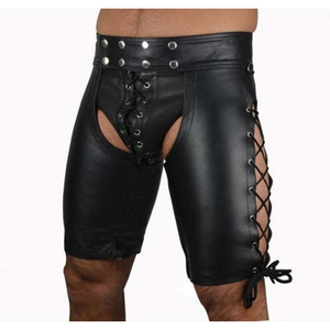 Men's Black PU Coated Bermuda Shorts High Waist Button Fly Geometric Pattern Moto Biker Style With Pockets - Product Image 4