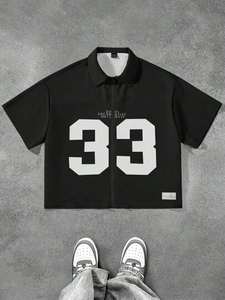 Chemise zippée graphique noire surdimensionnée en gros, numéro 33, streetwear, manches courtes, fabricant OEM - Product Image 2