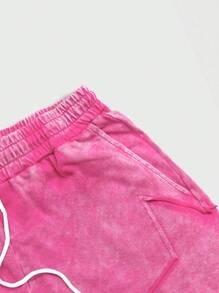 Shorts en molleton 100% coton de haute qualité, style streetwear, avec cordon de serrage, effet délavé, patchwork brodé et déchiré. - Product Image 3