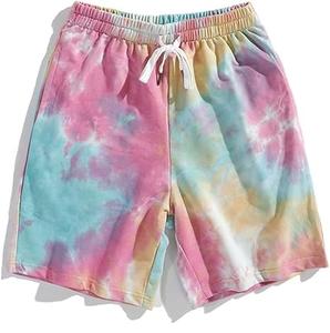 Shorts de jogging pour homme en molleton bouclette respirant, teint sur mesure par immersion (tie-dye) et par trempage (dip-dye), avec cordon de serrage, effet délavé à l'acide et bords bruts, style vintage. - Product Image 3