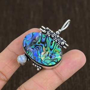 Pendentif en coquille d'ormeau et pierre de lune, bijoux en argent sterling faits à la main, collier bohème en pierres précieuses, cadeau unique pour femme - Product Image 2