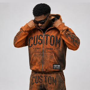 Custom Men's Tie Dye Orange Zip Up Hoodie Rhinestone Flame Sleeve <b>Gothic</b> Star Fleece Lined Bling Streetwear Coats Wholesale Bulk - Product Image 4