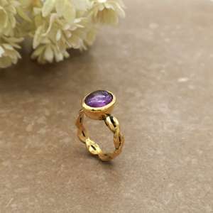 Vintage Oval Amethyst Brass <b>Ring</b> 14K Gold Plated Scalloped Infinity Band Boho Statement Unisex Jewelry - Product Image 4