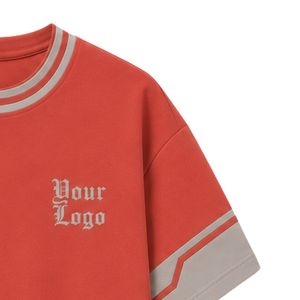 Ensemble décontracté deux pièces pour femme, t-shirt à manches courtes et pantalon droit, corail et gris, avec rayures contrastées - Product Image 5
