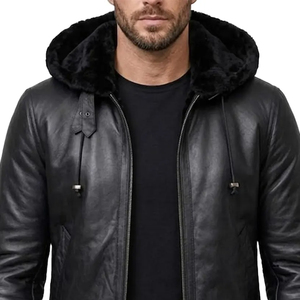 Chaqueta de cuero con capucha para hombre, estilo urbano, color liso, cortavientos, transpirable, con cierre de cremallera, para invierno, gruesa, corte ajustado, frontal regular - Product Image 5