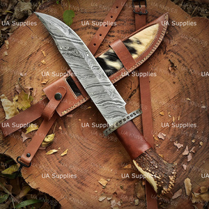 มีดทำมือ OEM ขนาด 17 นิ้ว ใบมีดเหล็กดามัสกัสแบบ Fixed Blade ปลายแหลม สำหรับงานอุตสาหกรรม เกรดสำหรับเอาตัวรอดและการล่าสัตว์ ด้ามทำจากเขาสัตว์ พร้อมปลอกหนัง - Product Image 2