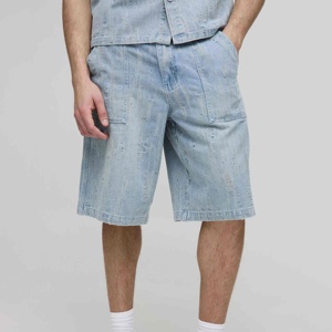 Wholesale OEM Men's Denim Summer Shorts 100% Cotton Hip Hop Style Anti-Wrinkle Breathable Drawstring Closure Stone Washed - Product Image 1
