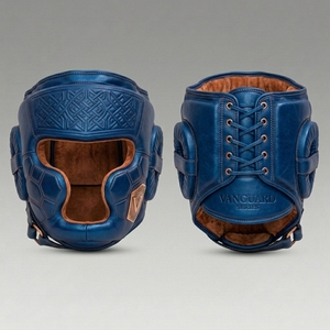 Protector de Cabeza Ligero para Boxeo Profesional, Unisex, Adulto, con Cierre de Velcro, en Cuero Azul Marino con Estampado Dorado - Product Image 3