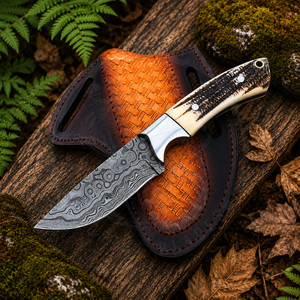 Couteau de chasse Skinner à lame fixe en acier Damas fait main sur mesure OEM, avec manche en bois de cerf, pour camping, extérieur et EDC - Product Image 3