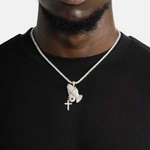 Collar con Colgante de Manos en Oración de Plata 925 con Moissanita para Hombre, con Cruz, Cadena de Caja Chapada en Rodio, Joyería Religiosa - Product Image 4