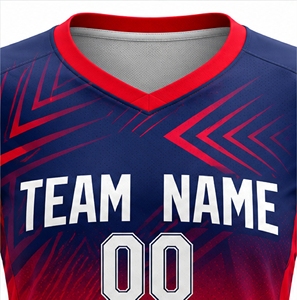 Ensemble de maillot ajusté à manches courtes et col en V pour femme, sublimation dégradée bleu marine et rouge - Product Image 6