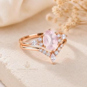 Ensemble de bagues de mariage en quartz rose naturel, pierre précieuse ovale rose, bague de fiançailles en or rose, ensemble de bagues de promesse de mariage, bijoux personnalisés - Product Image 2