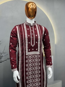 <b>Men's</b> Embroidered Cotton <b>Kurta</b> Set Burgundy Long Sleeve Traditional Indian Pakistani Wedding Diwali Party Festive Wear - Product Image 2