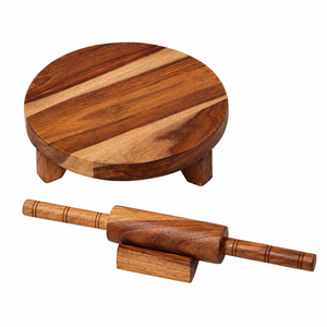 Handcrafted <b>Wooden</b> Roti Chakla Belan Set with Round Serving Board and <b>Rolling</b> Pin <b>Holder</b> - Product Image 1