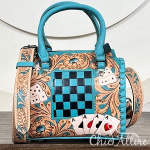 Limited Edition OEM & ODM Floral Aces & <b>Dice</b> Tooled Checkered Leather Mini Speedy Bag Genuine Cow Leather Card Design Duffle Bag - Product Image 1