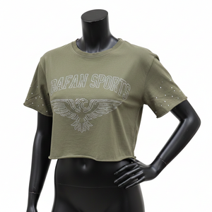 Cotton Jersey Women Crop <b>Top</b> T Shirt Olive Green Fashion Tee Custom <b>Rhinestone</b> Heat Transfer Logo Women Crop <b>top</b> Shirt Cotton - Product Image 4
