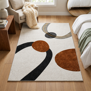 Hand Tufted Woven Wool Area Rug-Modern Abstract Geometric Design <b>Cream</b> Base Brown Black Curved Pattern Washable Luxury Living - Product Image 2