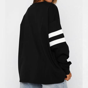 Sudadera Negra Extra Grande para Mujer con Rayas Blancas, Hombros Caídos, Manga Larga, Cuello Redondo, Tejido de Algodón, Estilo Otoñal - Product Image 2