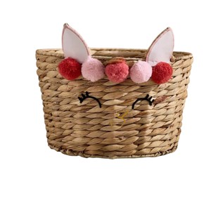 Cesta de Almacenamiento de Jacinto de Agua con Diseño de Cara de Conejo y Pompones, Organizador de Juguetes de Animales Tejido con Parte Superior Abierta, Decoración para Guardería - Product Image 2